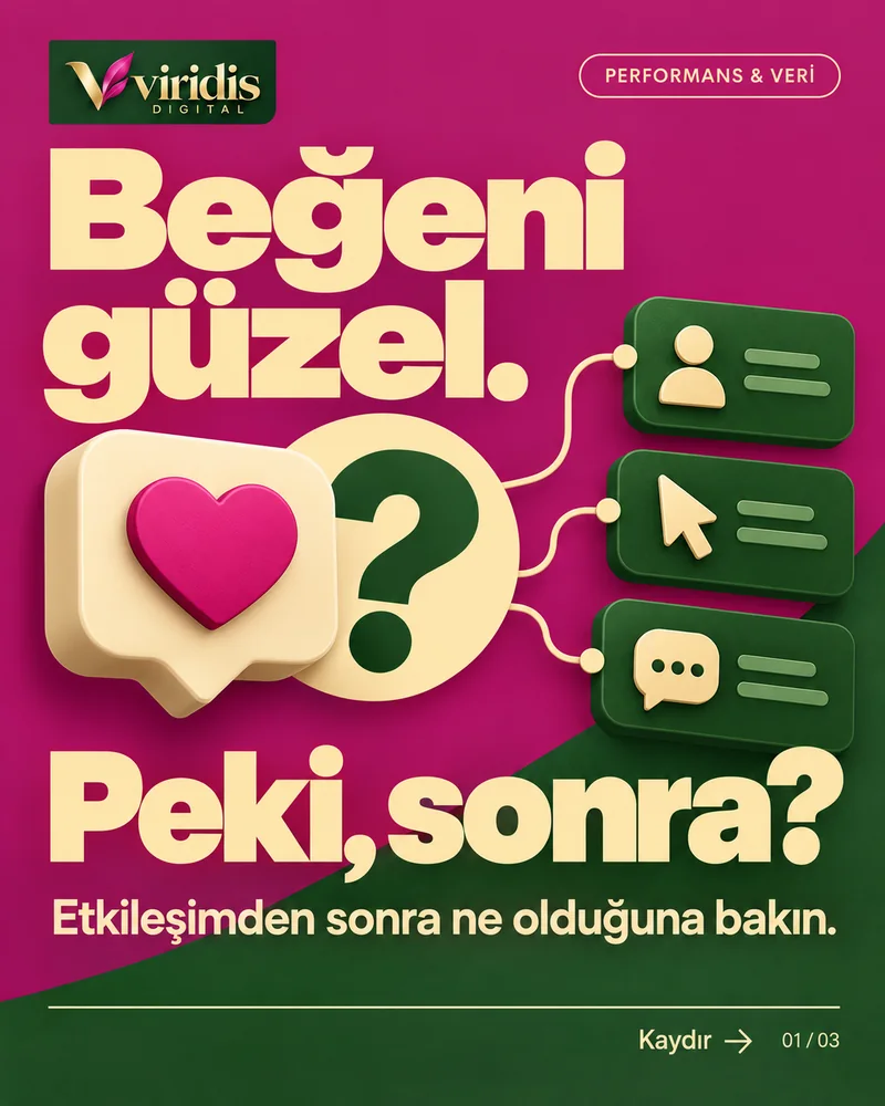Instagram paylaşımı: Kalp ikonu ve soru işaretiyle "Beğeni güzel. Peki, sonra?" yazan performans ve veri gönderisi