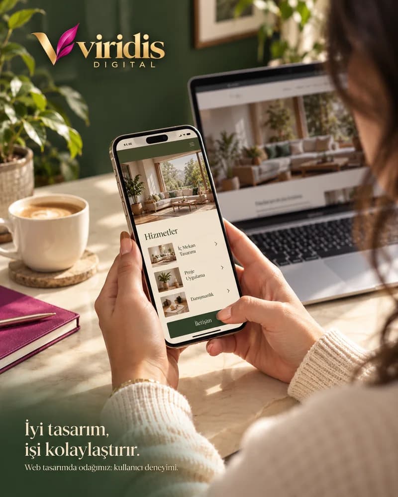 Instagram paylaşımı: Telefonunda bir web sitesinin hizmetler sayfasını gezen kişi; "İyi tasarım, işi kolaylaştırır." yazısı