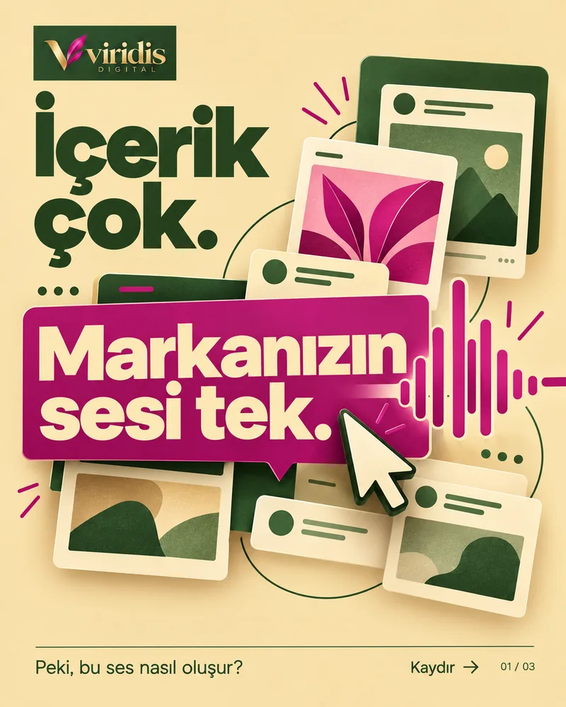 Instagram paylaşımı: Sosyal medya kartları arasında "İçerik çok. Markanızın sesi tek." yazan konuşma balonu