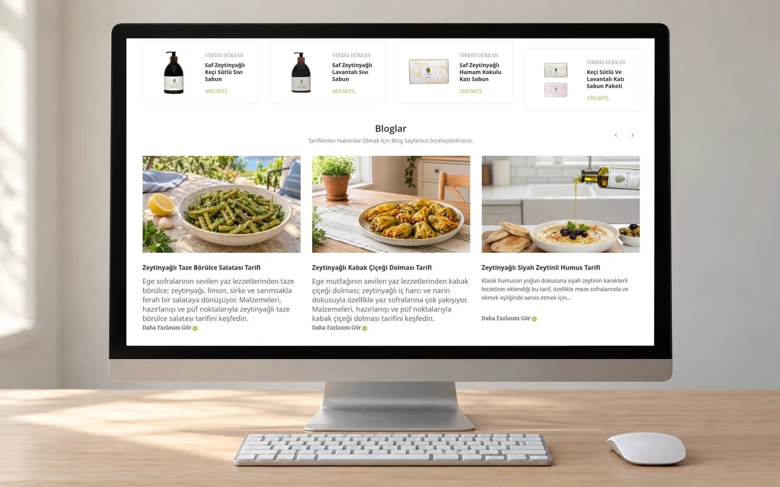 Viridis Dükkan web sitesi masaüstü görünümü: sabun ürünleri ve tarif blog yazıları