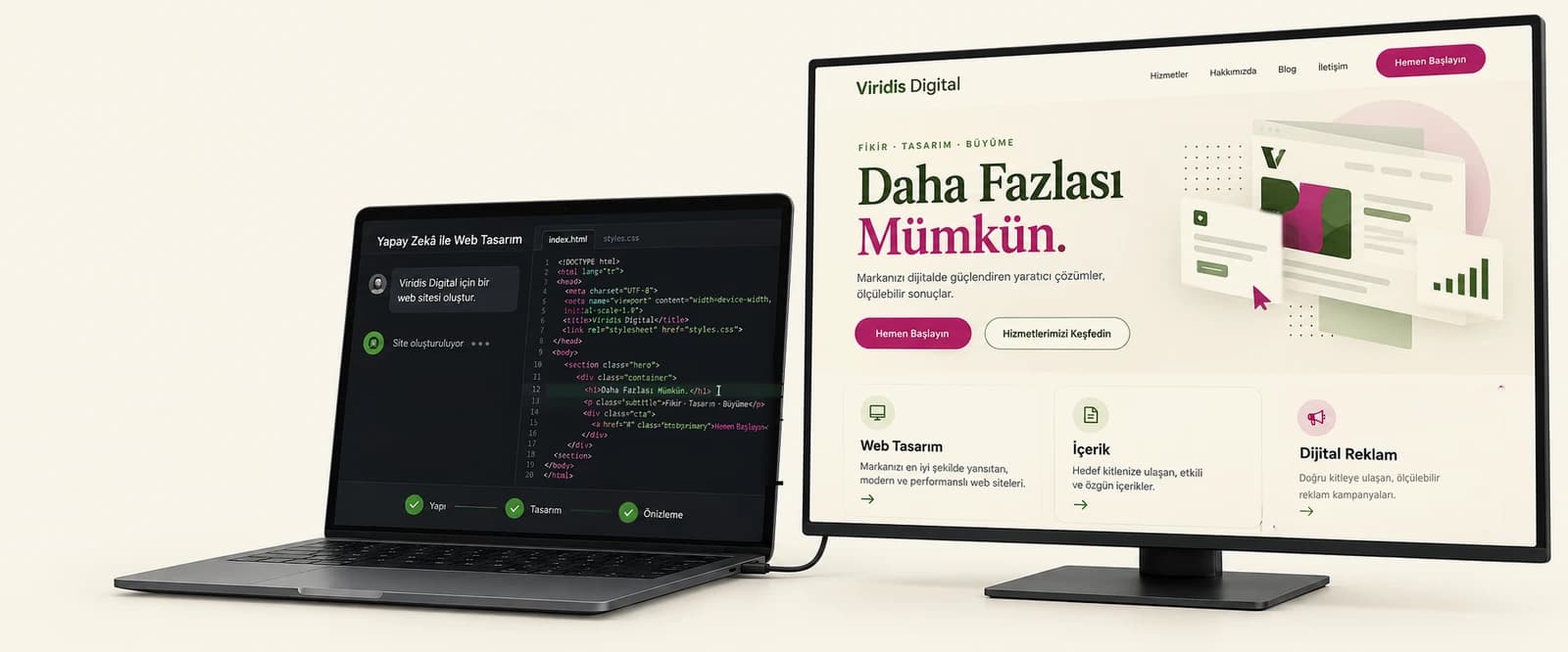 Dizüstü bilgisayarda yapay zekâ ile oluşturulan site kodu, yanındaki ekranda bitmiş Viridis Digital web sitesi
