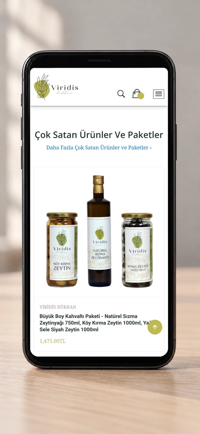 Viridis Dükkan web sitesi mobil görünümü: çok satan ürünler ve paketler