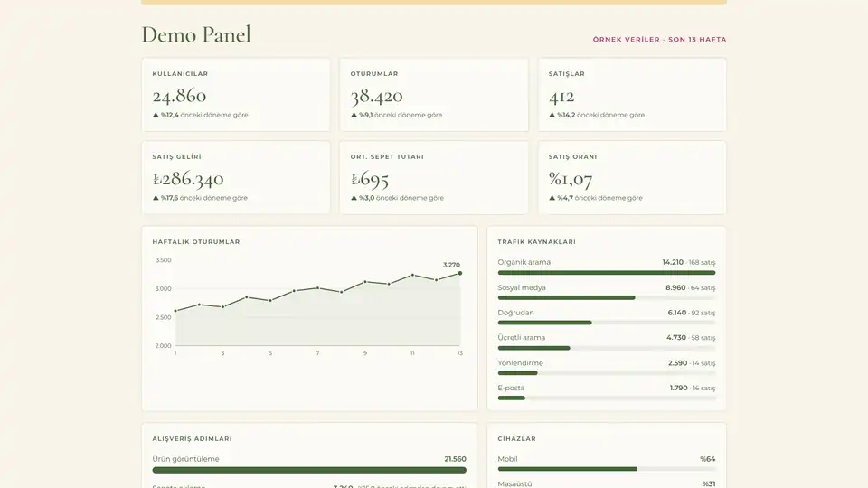 Demo panelde KPI kartları, haftalık oturum grafiği, trafik kaynakları ve alışveriş adımları sırayla yakınlaştırılıyor