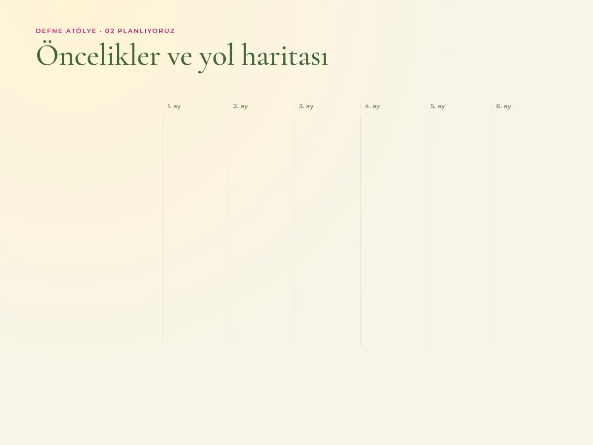 Strateji, web sitesi, içerik takvimi, SEO ve reklam çalışmalarının öncelik renkleriyle altı aylık takvimde uzadığı animasyon